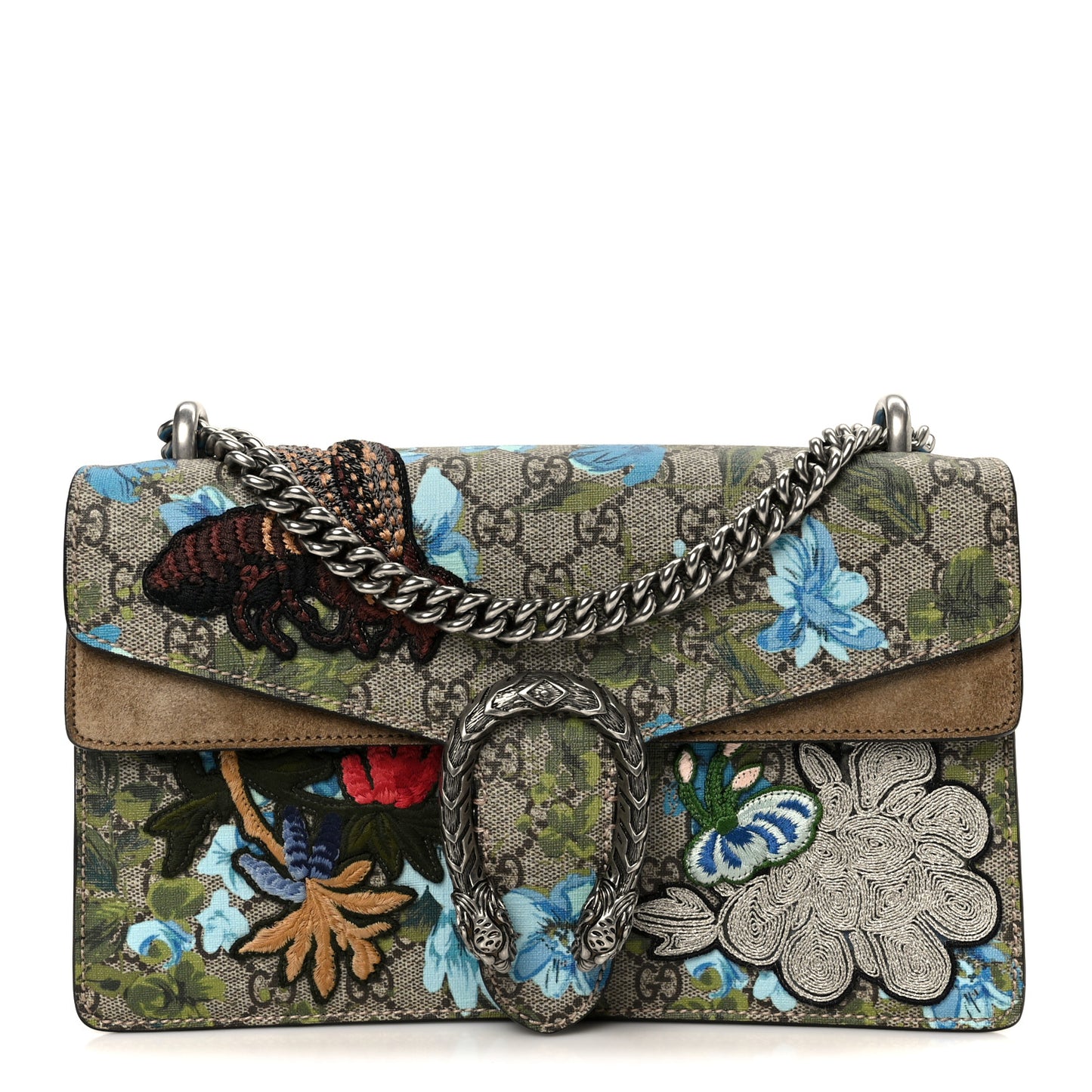 GG Supreme Monogram Blooms Print Embroidered Small Dionysus Shoulder Bag Blue Taupe