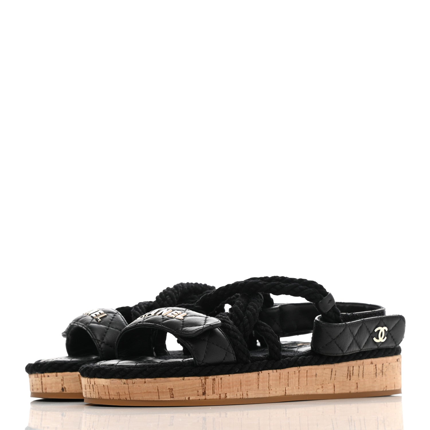 Chanel Cord Lambskin Quilted Logo Sandals 36 Black 3 of 8
