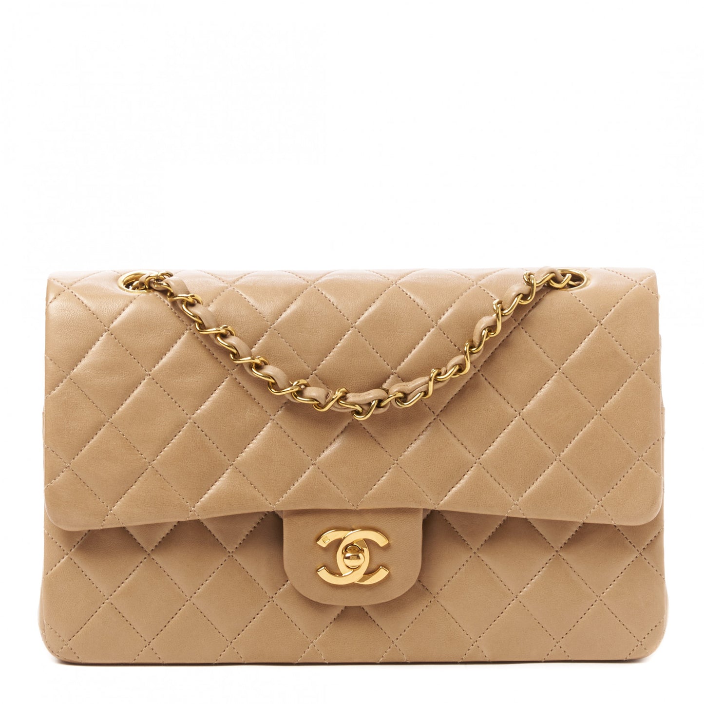 Lambskin Quilted Medium Double Flap Beige