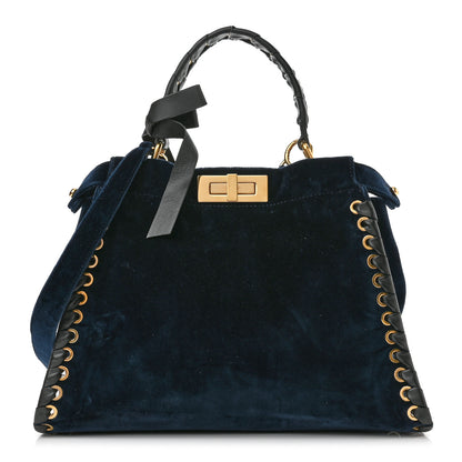Fendi Velvet Vitello Seta Lace Up Medium Peekaboo Iconic Satchel Blue 1 of 14