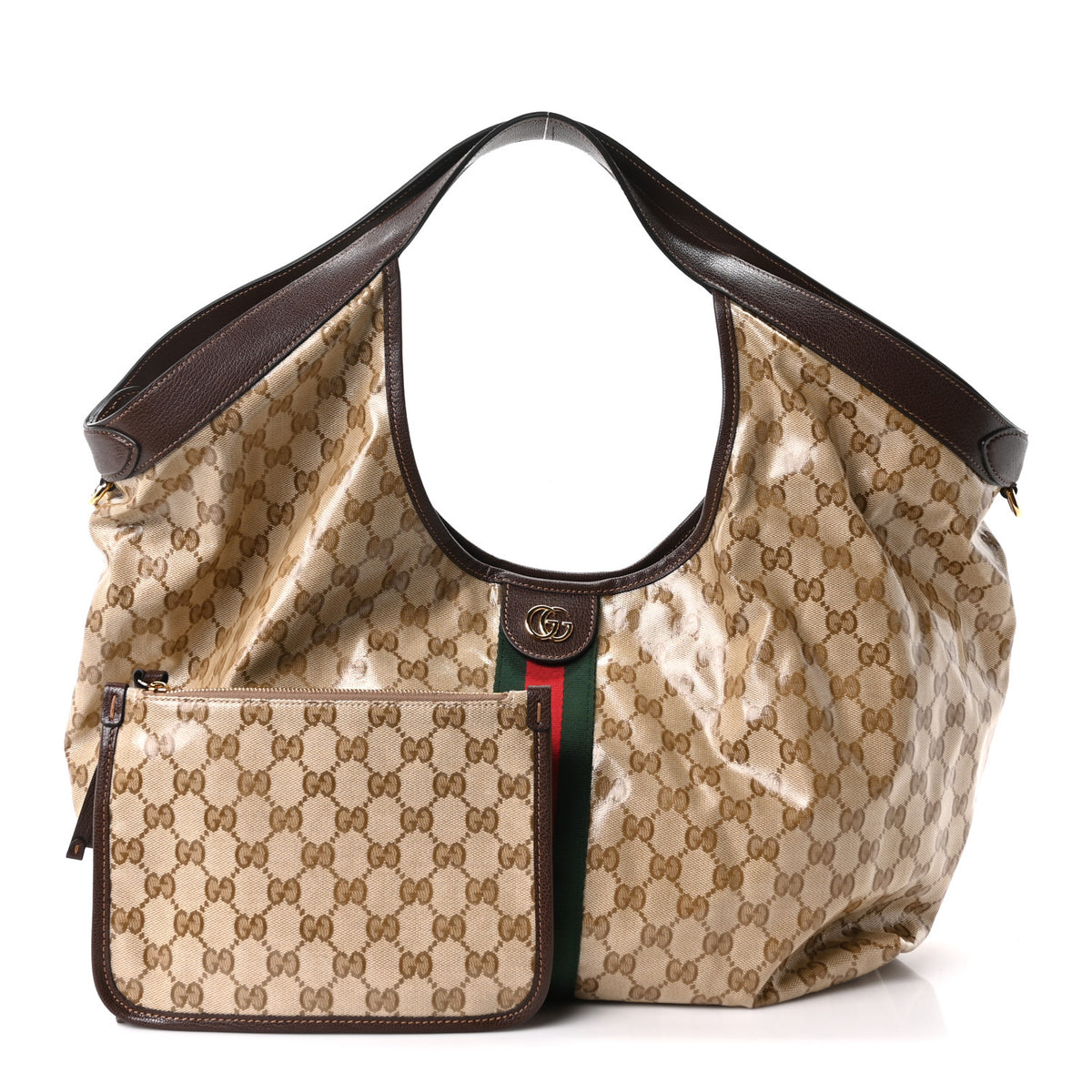 Varnished GG Monogram Web Large Giglio Tote Sand Dark Brown