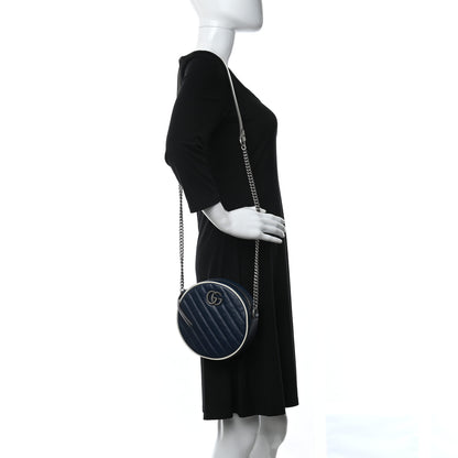 Gucci Azalea Calfskin Matelasse Diagonal Mini Torchon GG Marmont Round Shoulder Bag Blue Agata Mystic White 2 of 9