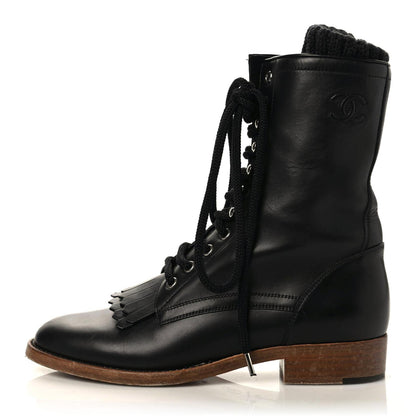 Chanel Calfskin Sock High CC Combat Boots 39.5 Black Dark Grey 1 of 10
