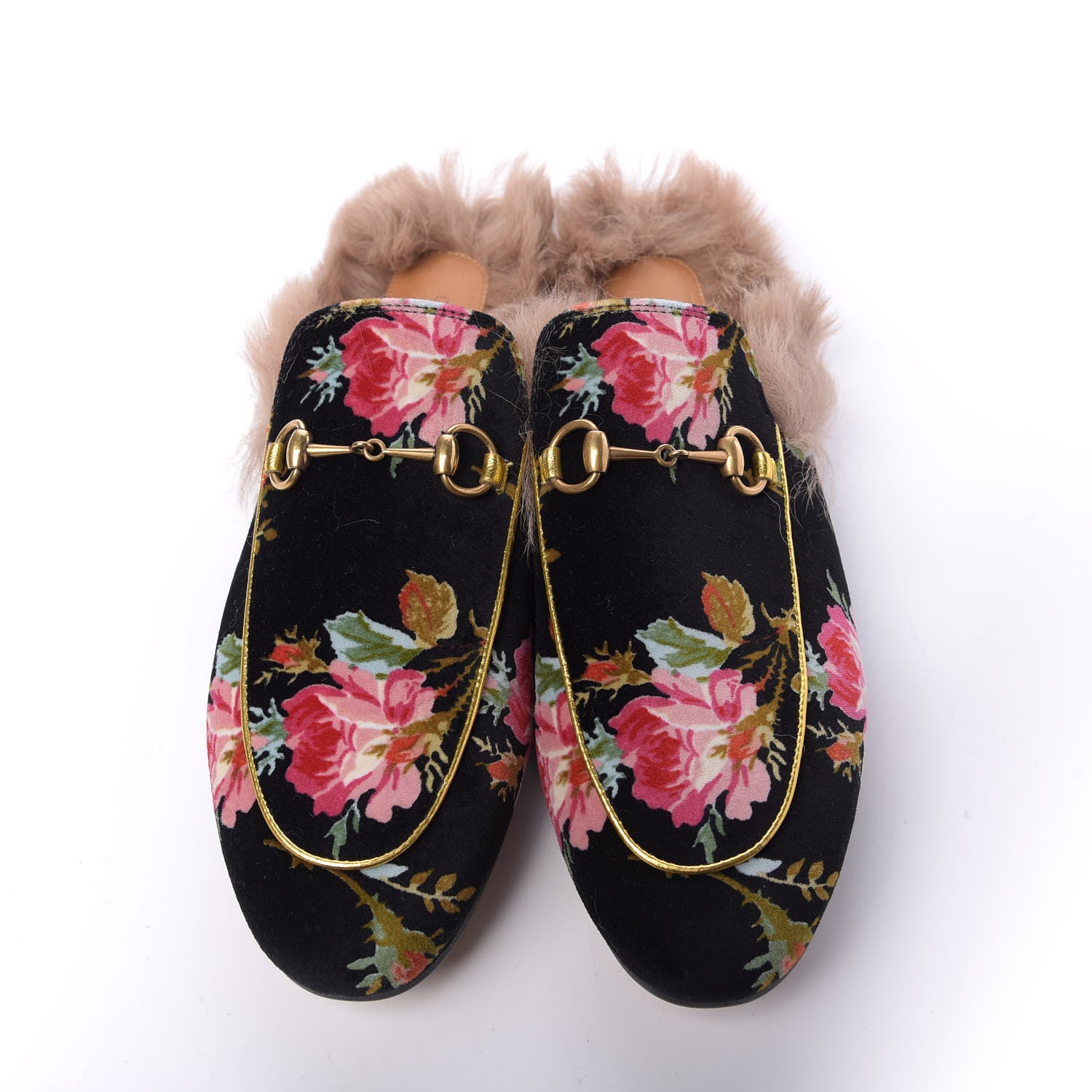 Gucci Velvet Fur Floral Womens Princetown Slippers 39.5 Black 5 of 9