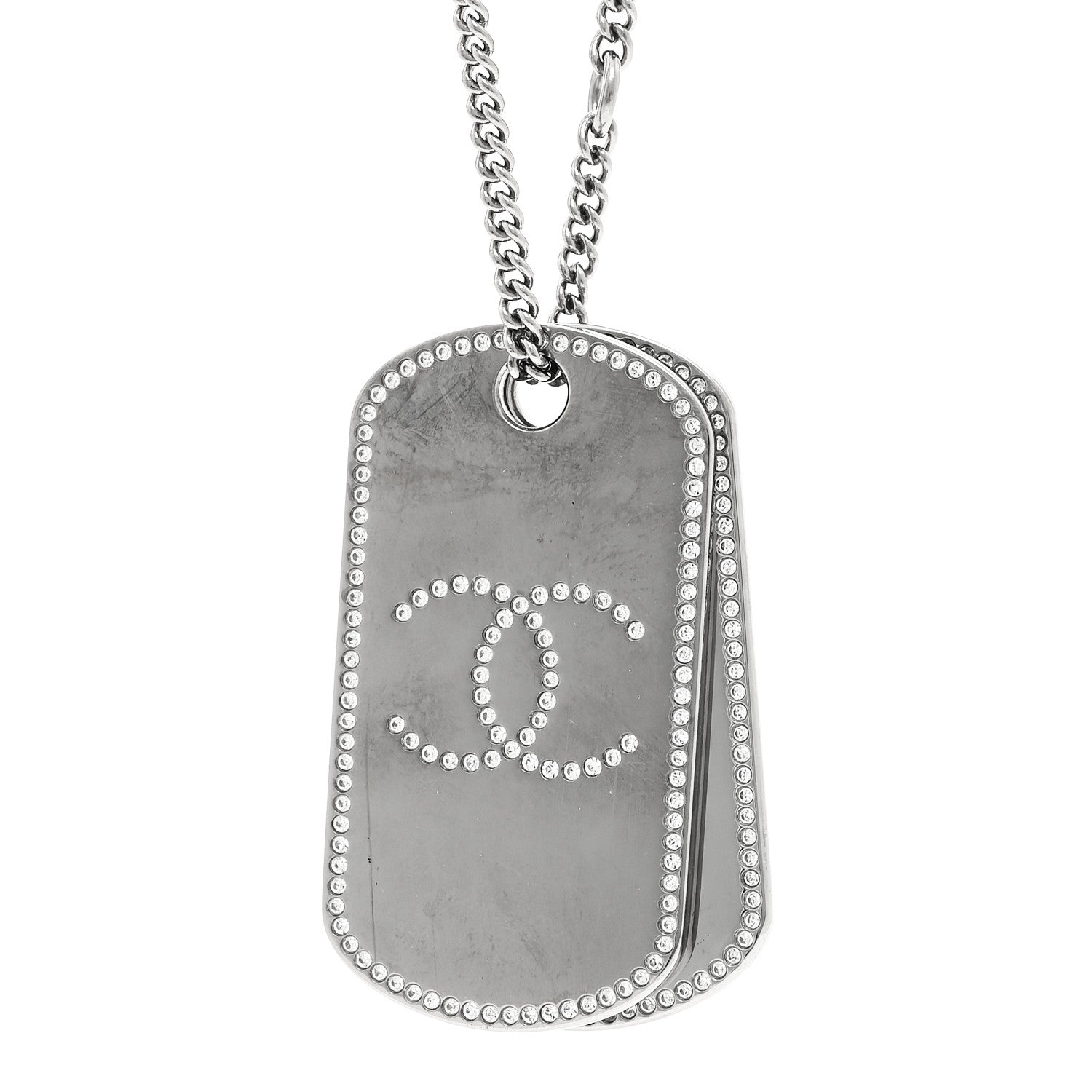 Chanel Metal Crystal Ruthenium Dog Tag Charm Necklace Black 4 of 5