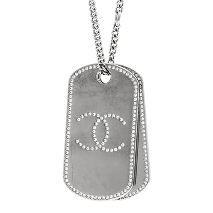 Chanel Metal Crystal Ruthenium Dog Tag Charm Necklace Black 4 of 5