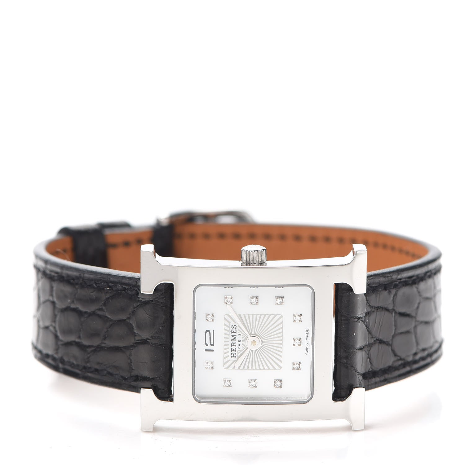 Hermes Stainless Steel Alligator Diamond Mother of Pearl 21mm Heure H Hour Quartz Watch Noir 2 of 5
