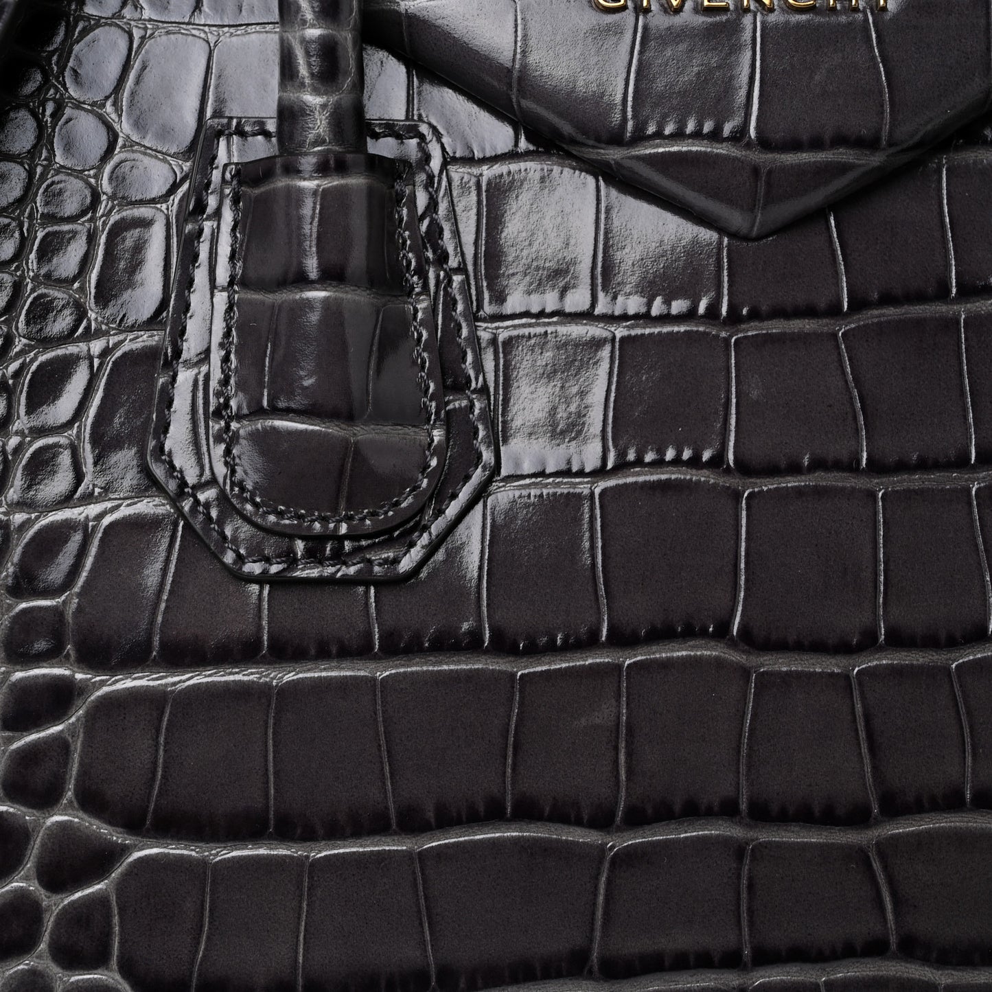 Calfskin Crocodile Embossed Small Antigona Storm Grey