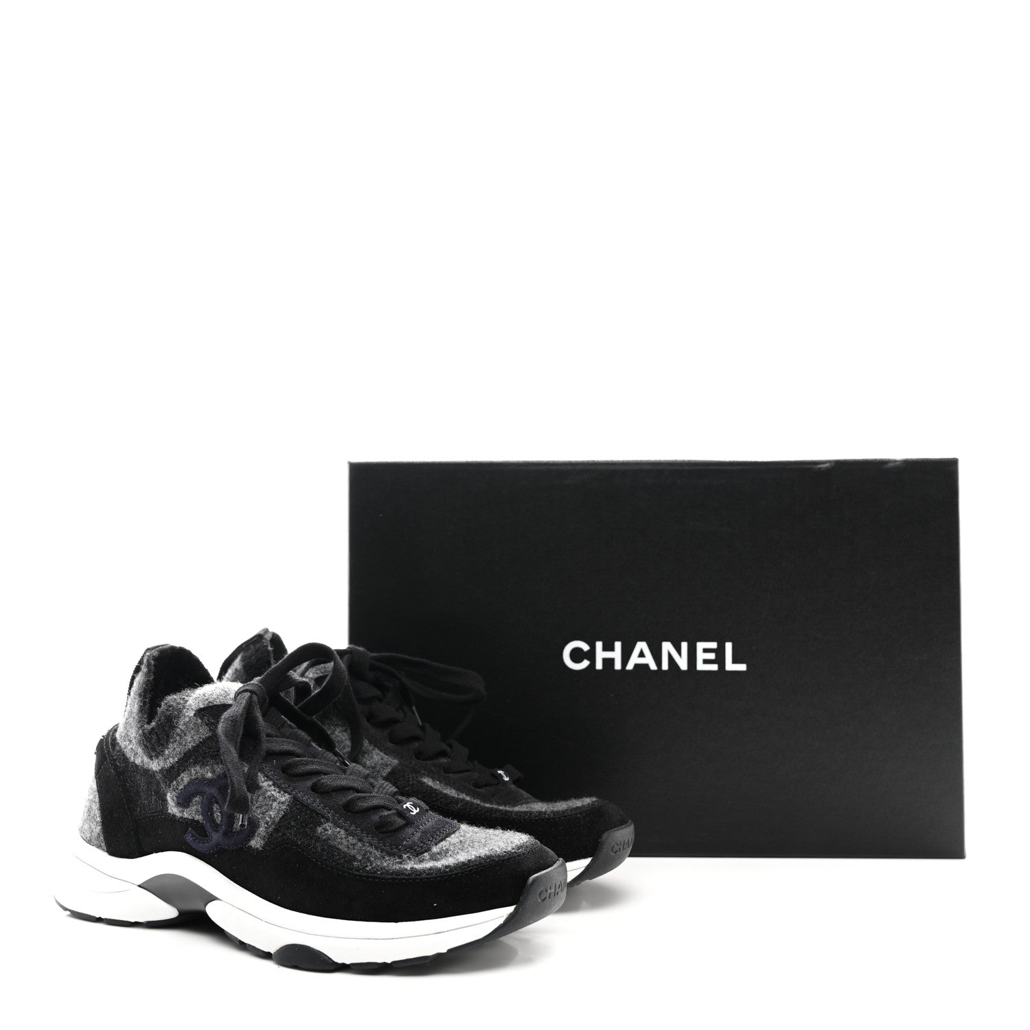Chanel Knit Fabric Suede Calfskin Womens CC Sneakers 36.5 Grey Black 9 of 9