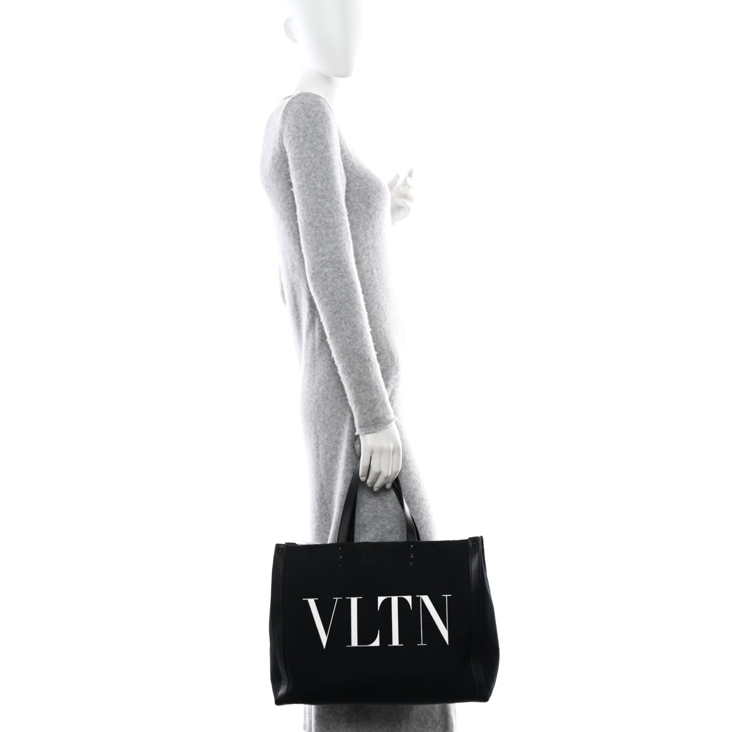Valentino Garavani Canvas Calfskin VLTN Print Small Rockstud Tote Black 2 of 10