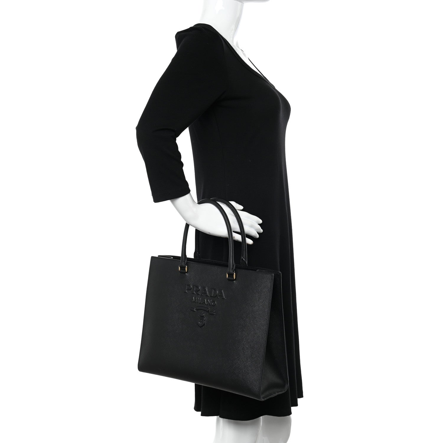 Prada Saffiano Lux Logo Embossed Large Shoulder Tote Handbag Black 2 of 11
