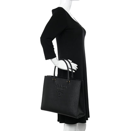 Prada Saffiano Lux Logo Embossed Large Shoulder Tote Handbag Black 2 of 11