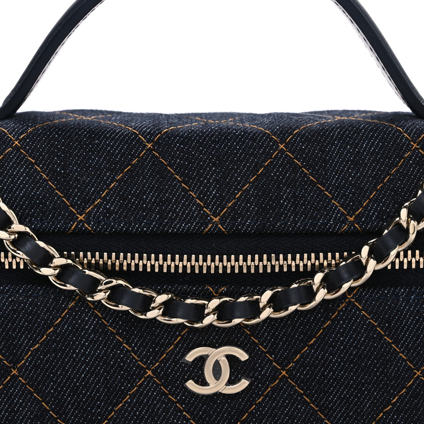 Denim Quilted Top Handle Slim Vanity Case With Chain Dark Blue Orange