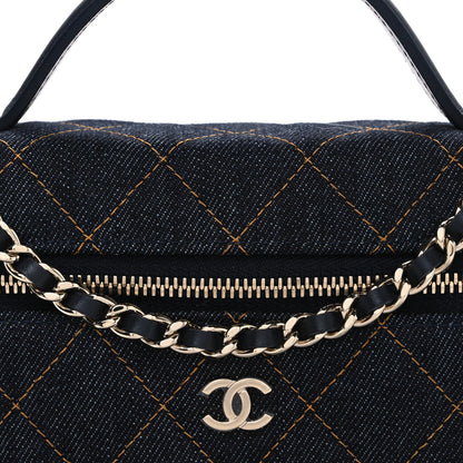 Chanel Denim Quilted Top Handle Slim Vanity Case With Chain Dark Blue Orange 8 of 11