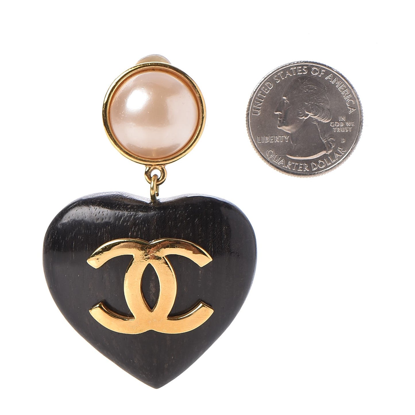 Wood Pearl CC Heart Drop Clip On Earrings Gold
