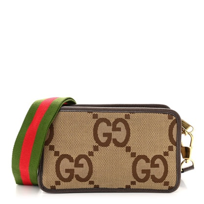 Gucci Monogram Jumbo GG Textured Dollar Calfskin Web Mini Crossbody Bag Camel Ebony New Acero 1 of 11