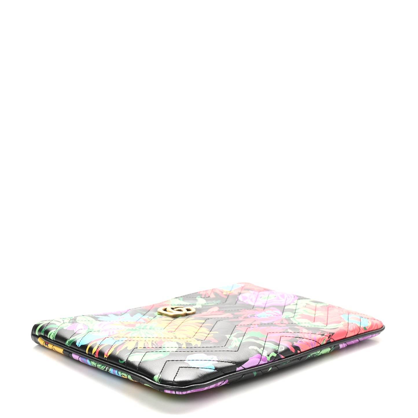 X KEN SCOTT Calfskin Matelasse Floral Print GG Marmont Zip Pouch Black