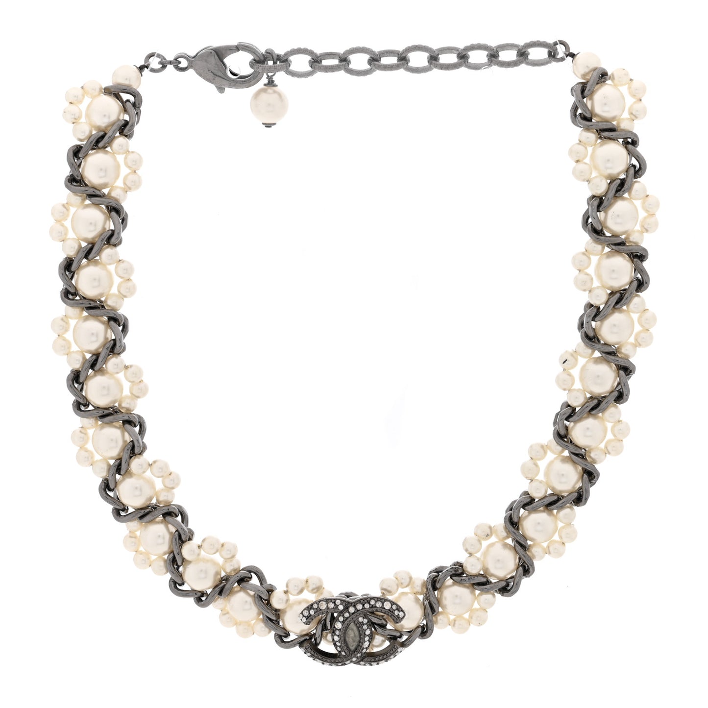 Pearl Crystal CC Choker Necklace Ruthenium
