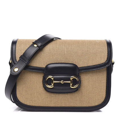 Gucci Vintage Rice Canvas Plutone Calfskin Horsebit 1955 Shoulder Bag Beige Black 1 of 9