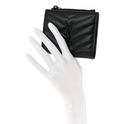Saint Laurent Grain De Poudre Matelasse Chevron Monogram Zipped Card Case Black 2 of 12