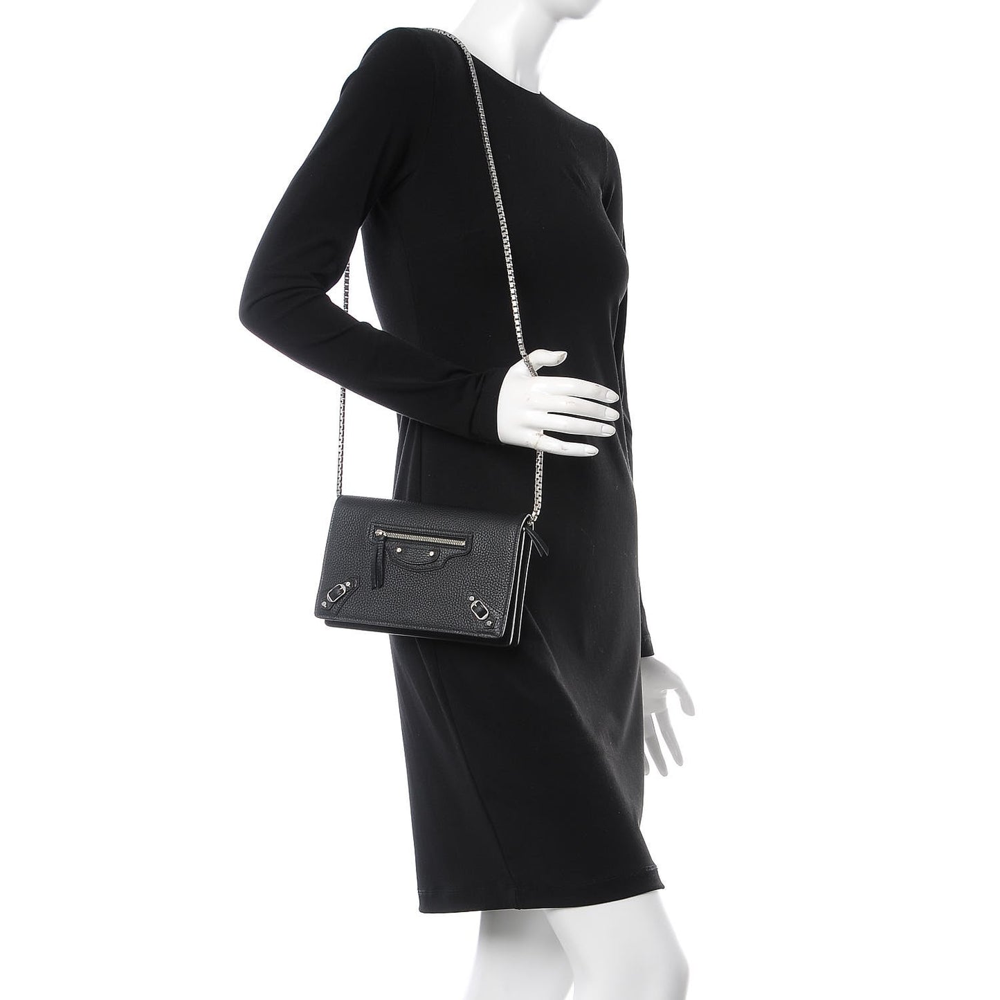 Grained Calfskin Classic Silver Hardware Wallet on Chain Black
