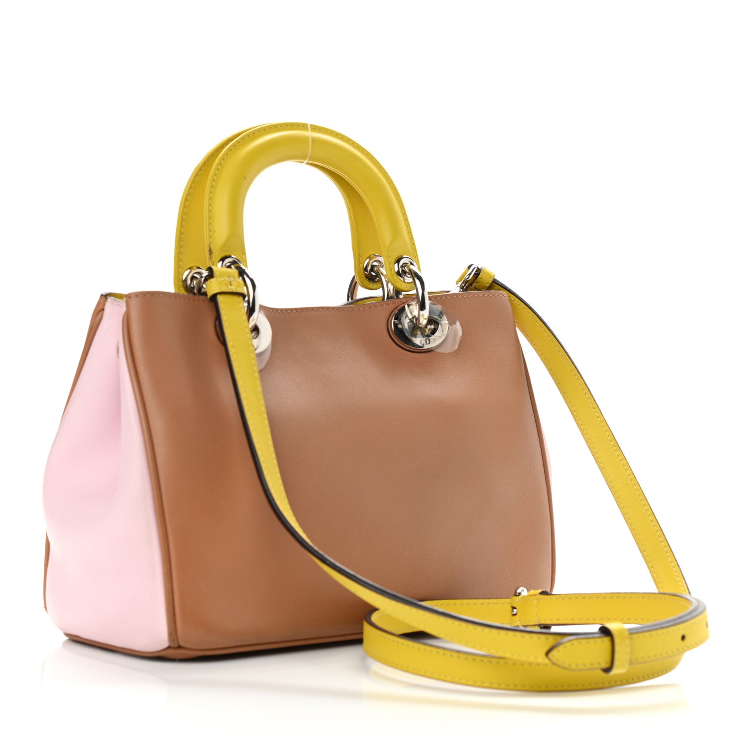 Christian Dior Calfskin Tri-Color Mini Diorissimo Tote Brown Pink Yellow 3 of 12