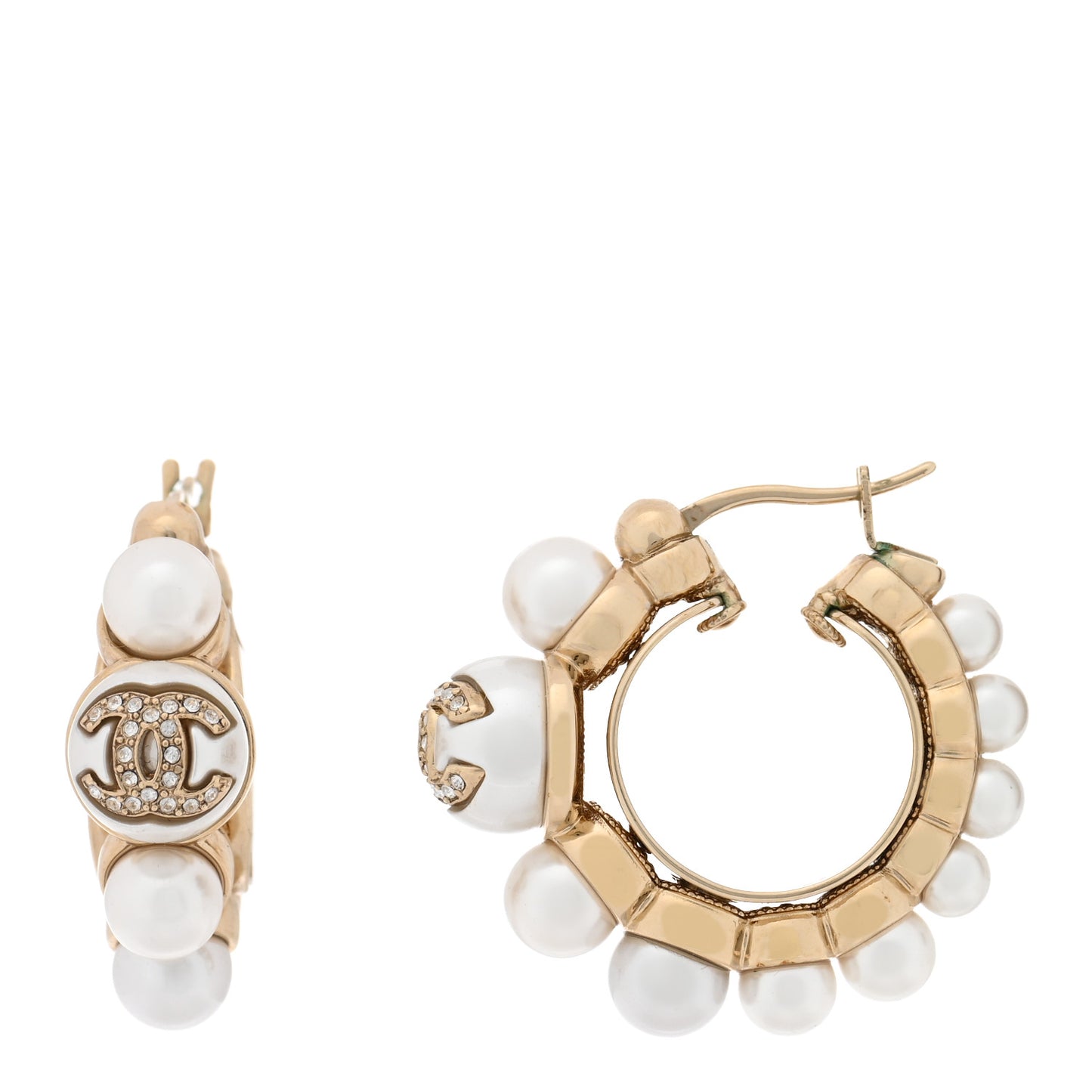 Crystal Pearl CC Hoop Earrings Gold White