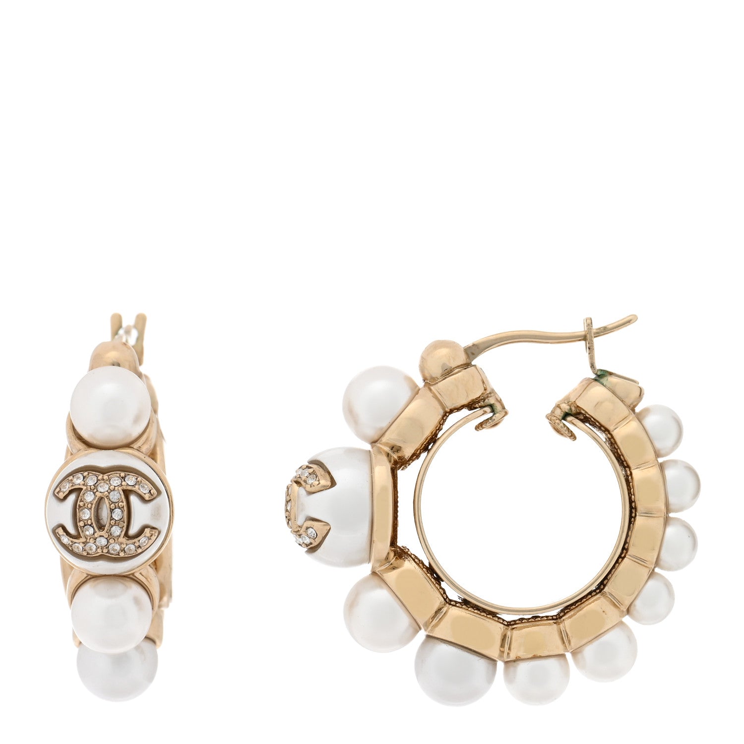 Chanel Crystal Pearl CC Hoop Earrings Gold White 1 of 5