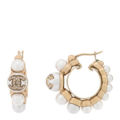 Chanel Crystal Pearl CC Hoop Earrings Gold White 1 of 5