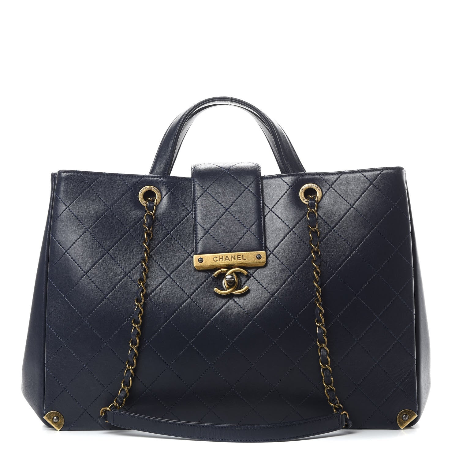 Chanel Lambskin Stitched Large Around The Corner Shopping Tote Deep Marine 1 of 15