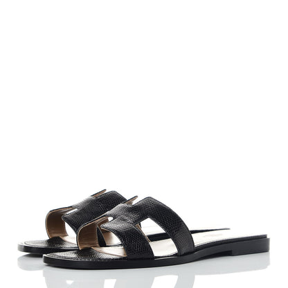 Hermes Lizard Oran Sandals 37 Black 3 of 10