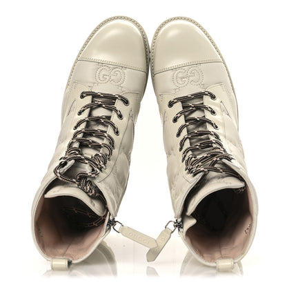 Gucci Cordovan Lux Nappa GG Matelasse Lace Up 60mm Combat Boots 38.5 Milk White 2 of 12