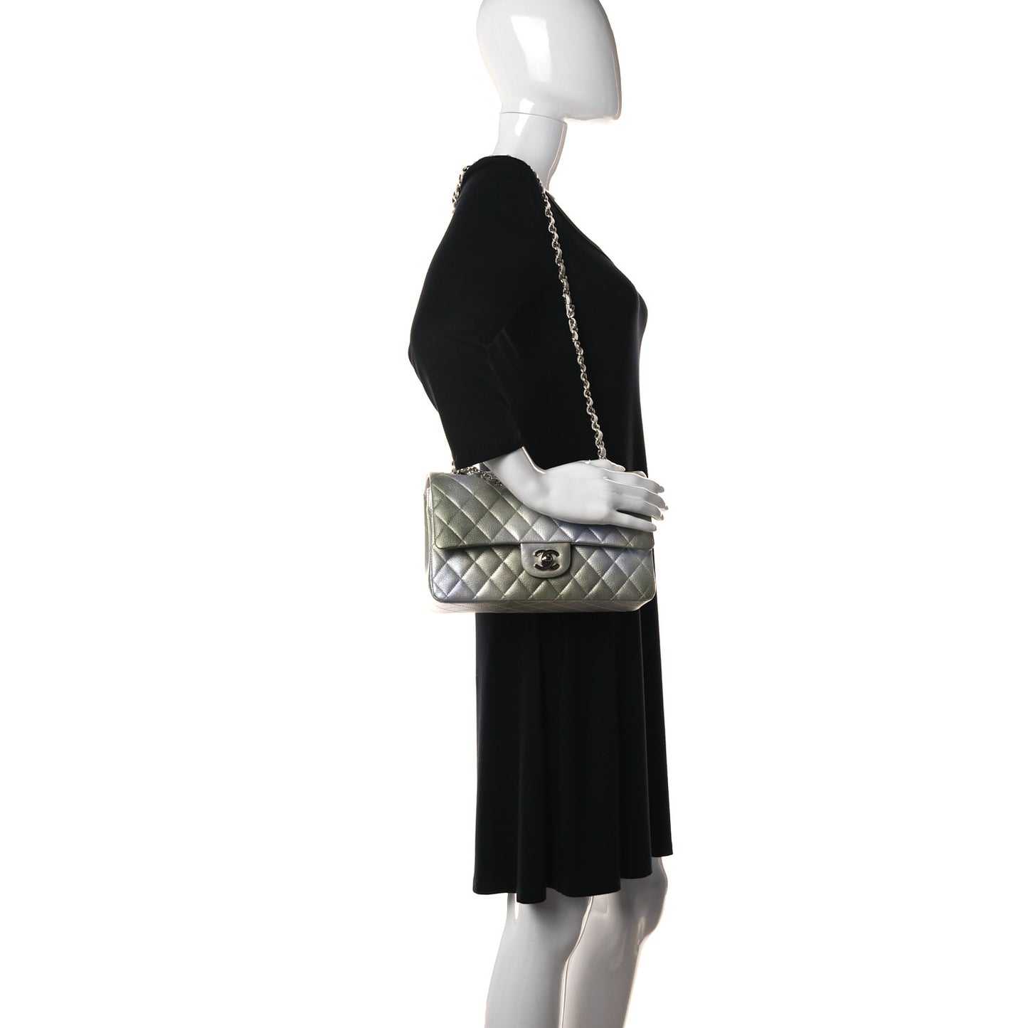 Metallic Goatskin Quilted Medium Double Flap Grey Green