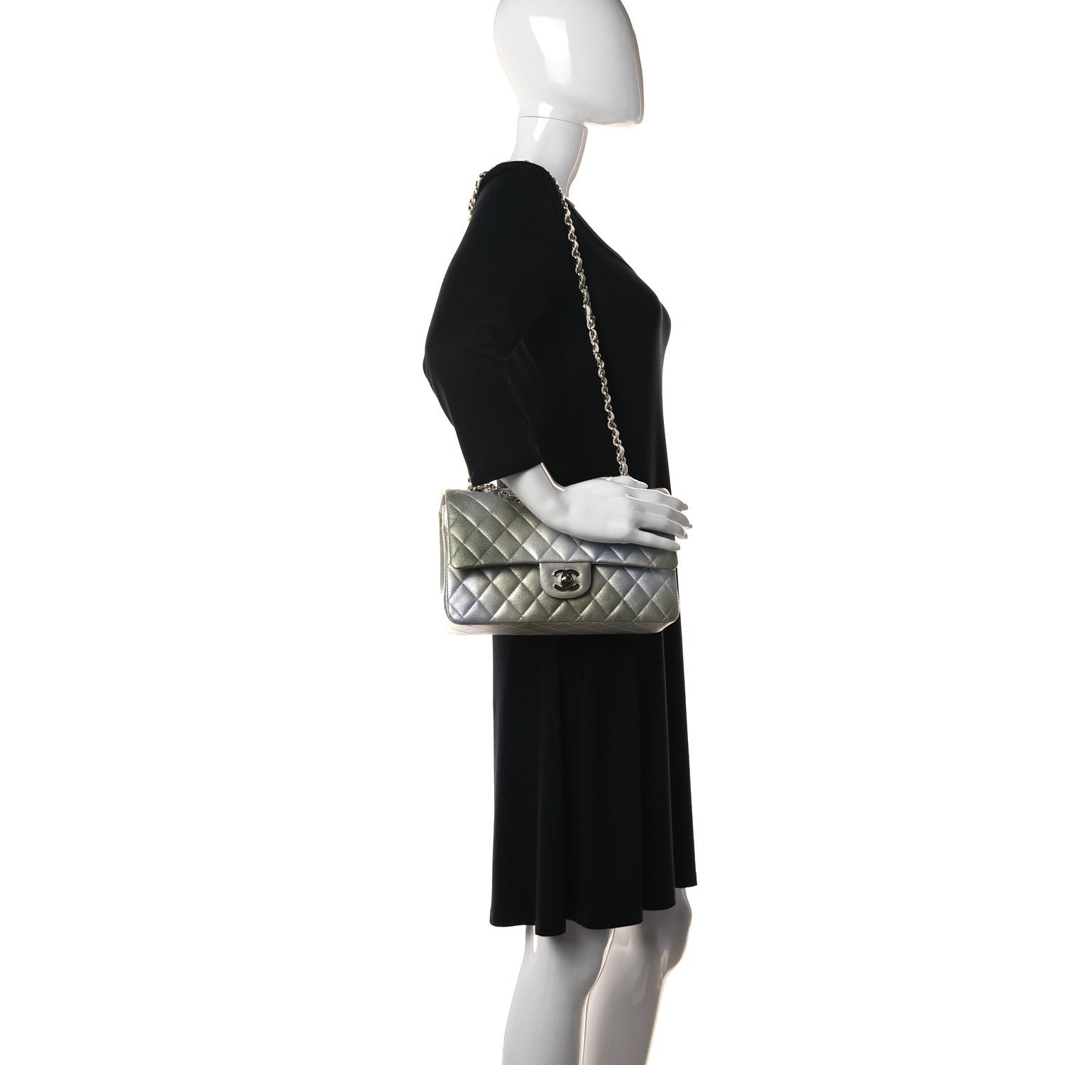 Chanel Metallic Goatskin Quilted Medium Double Flap Grey Green 2 of 10