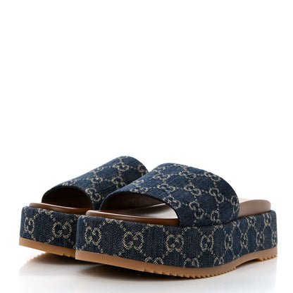 Gucci New Denim GG Monogram Angelina Platform 55mm Slide Sandals 37.5 Blue Tea 3 of 9