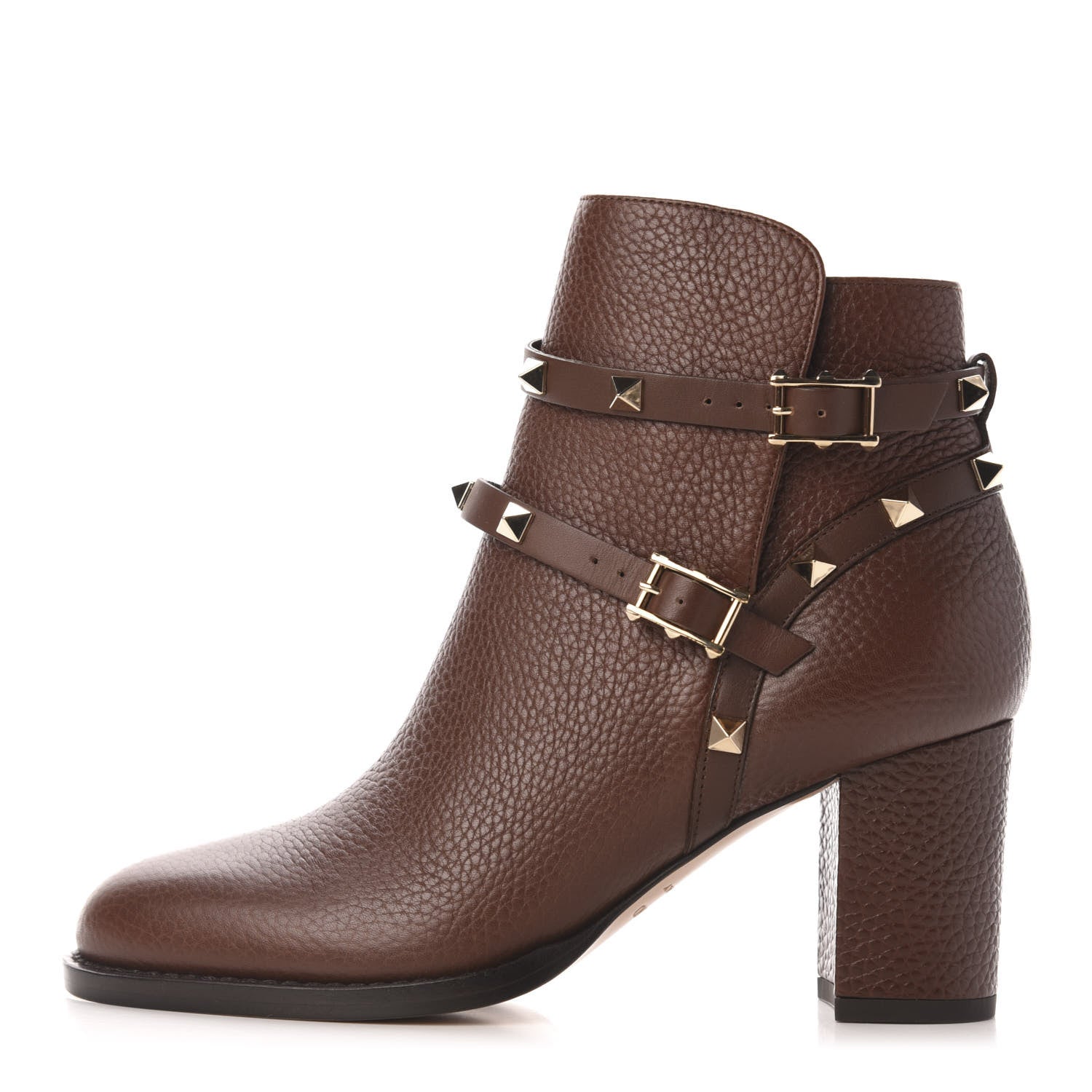Valentino Garavani Pebbled Calfskin Rockstud Double Buckle 70mm Block Heel Ankle Boots 36 Light Brown 1 of 9