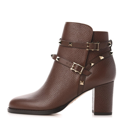 Valentino Garavani Pebbled Calfskin Rockstud Double Buckle 70mm Block Heel Ankle Boots 36 Light Brown 1 of 9