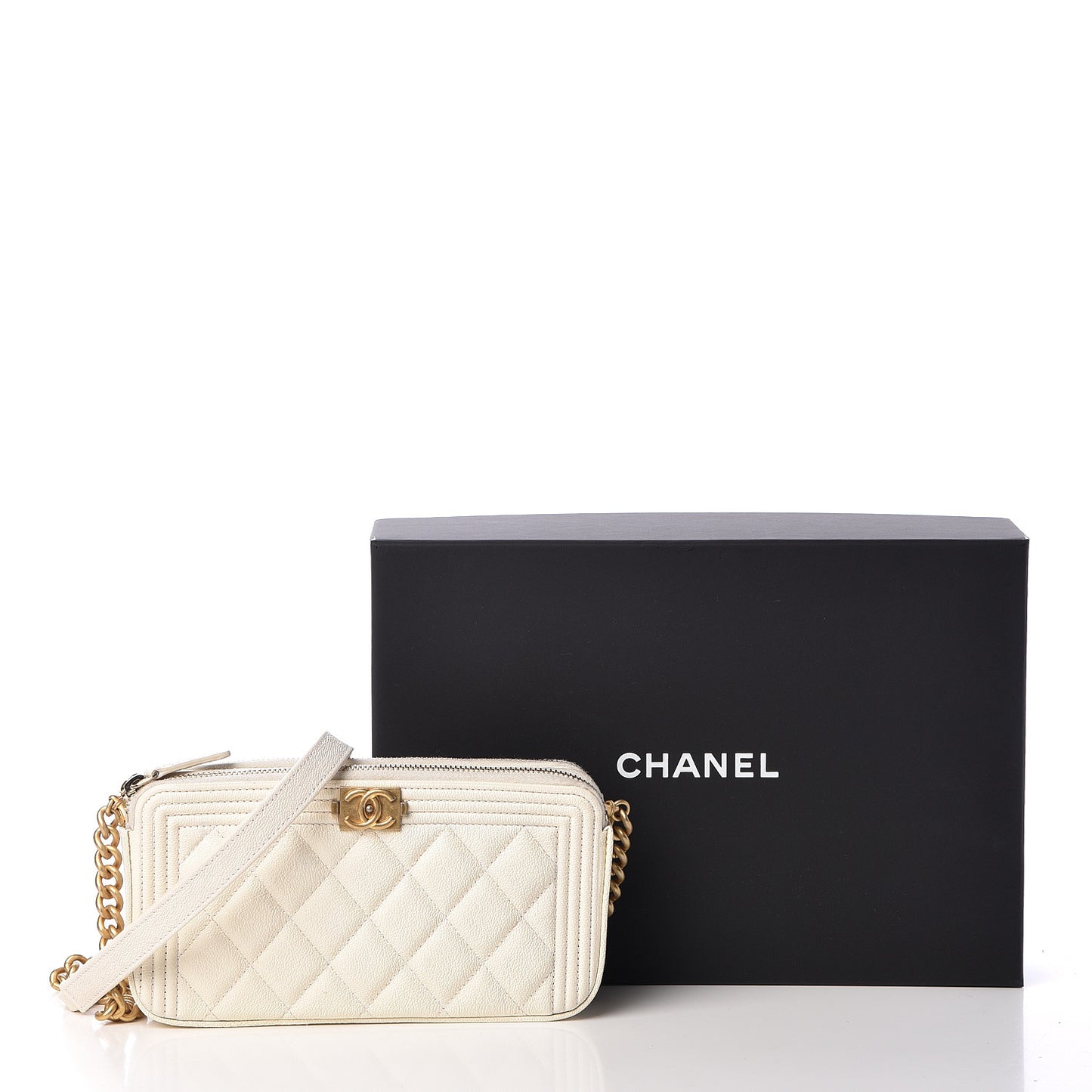 Caviar Quilted Small Boy Clutch With Chain White