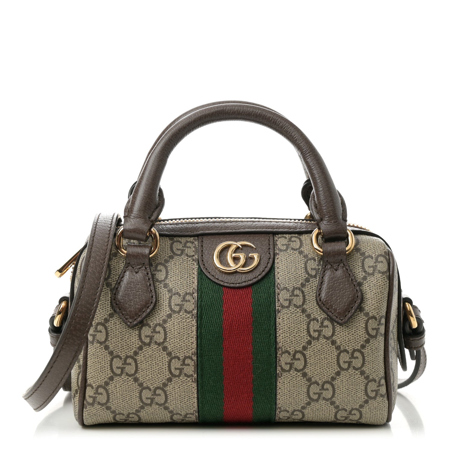 Gucci GG Supreme Monogram Textured Dollar Calfskin Web Super Mini Ophidia Top Handle Bowler Bag Beige Ebony New Acero 1 of 11