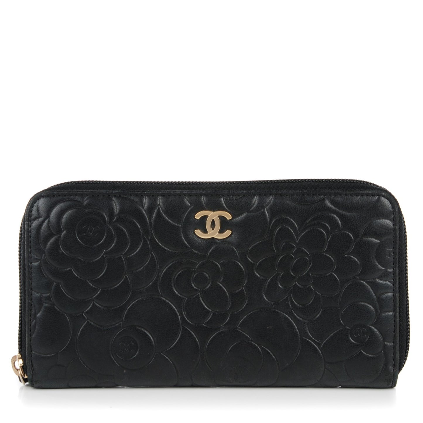 Lambskin Camellia Embossed Large Zip Around Gusset Wallet Black