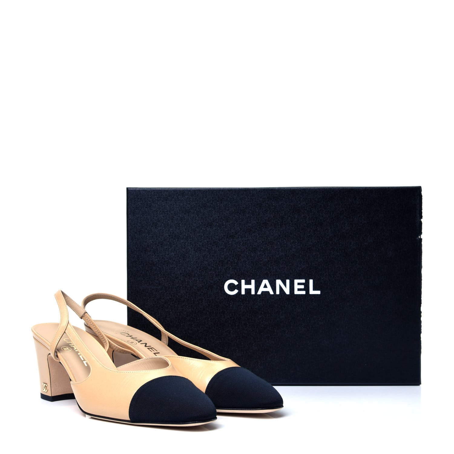 Chanel Goatskin Grosgrain Cap Toe CC Slingback Pumps 38.5 Beige Black 10 of 10