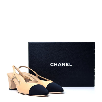 Chanel Goatskin Grosgrain Cap Toe CC Slingback Pumps 38.5 Beige Black 10 of 10