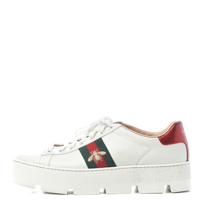 Gucci Calfskin Web Bee Embroidered Womens Ace Platform Sneakers 39.5 White 1 of 14