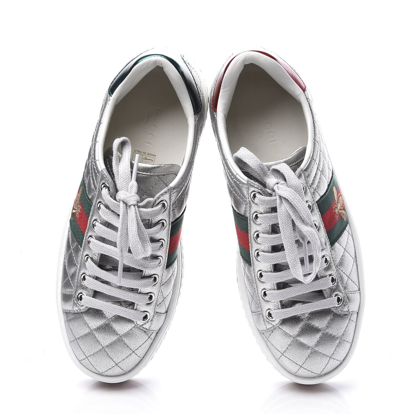Laminated Nappa Crystal Web Bee Embroidered Trapuntata Womens Ace Platform Sneakers 36 Argento