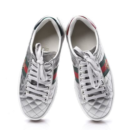 Gucci Laminated Nappa Crystal Web Bee Embroidered Trapuntata Womens Ace Platform Sneakers 36 Argento 4 of 10