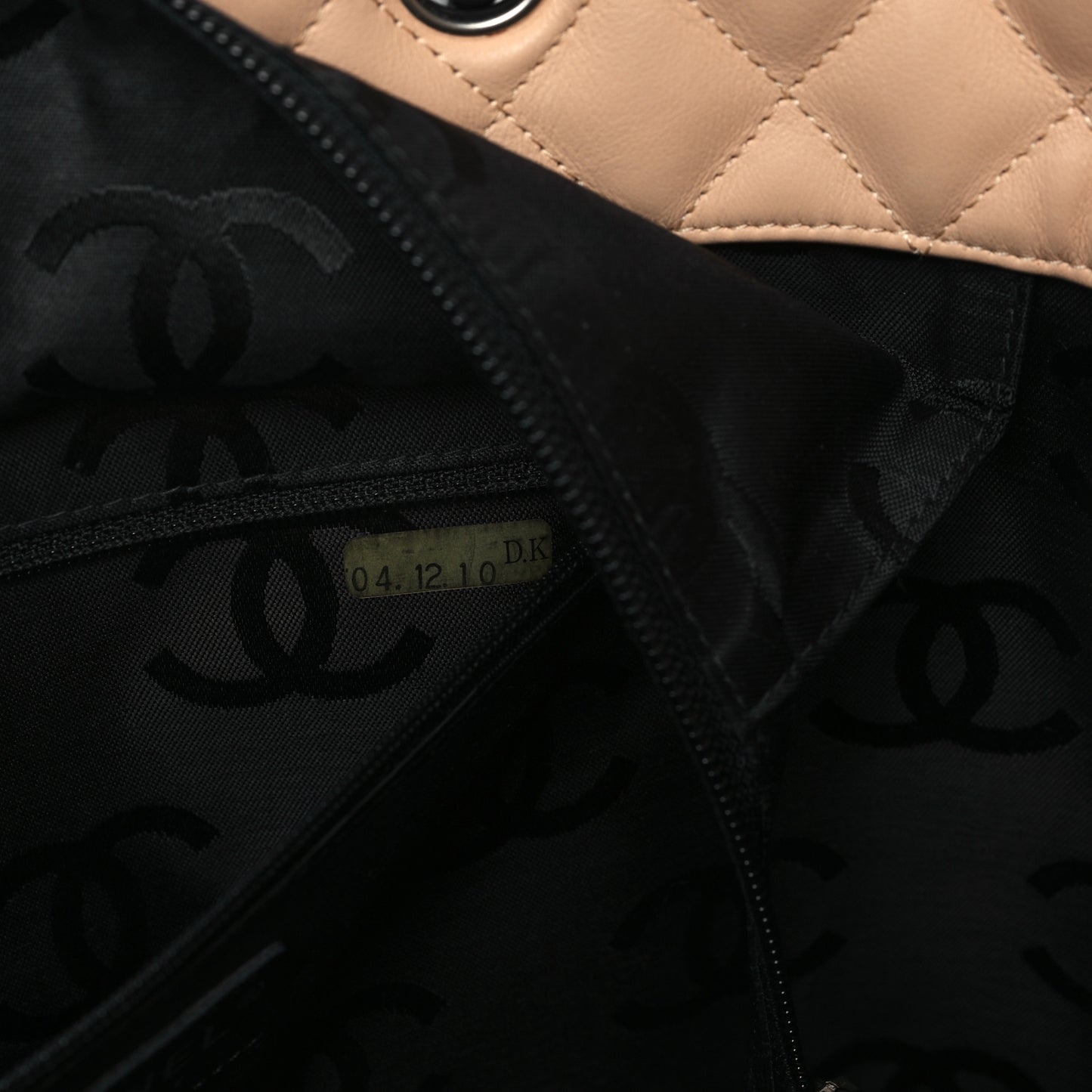 Calfskin Quilted Large Cambon Tote Beige Black