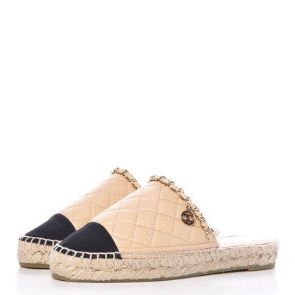Chanel Lambskin Grosgrain Quilted CC Chain Espadrille Mules 35 Beige Black 3 of 10