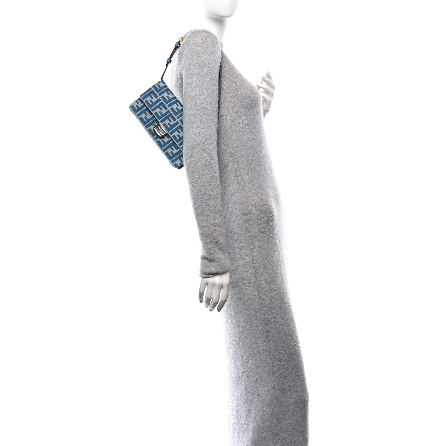 Denim Effect Fabric Jacquard FF 1974 Wallet On Chain Baguette Blue White