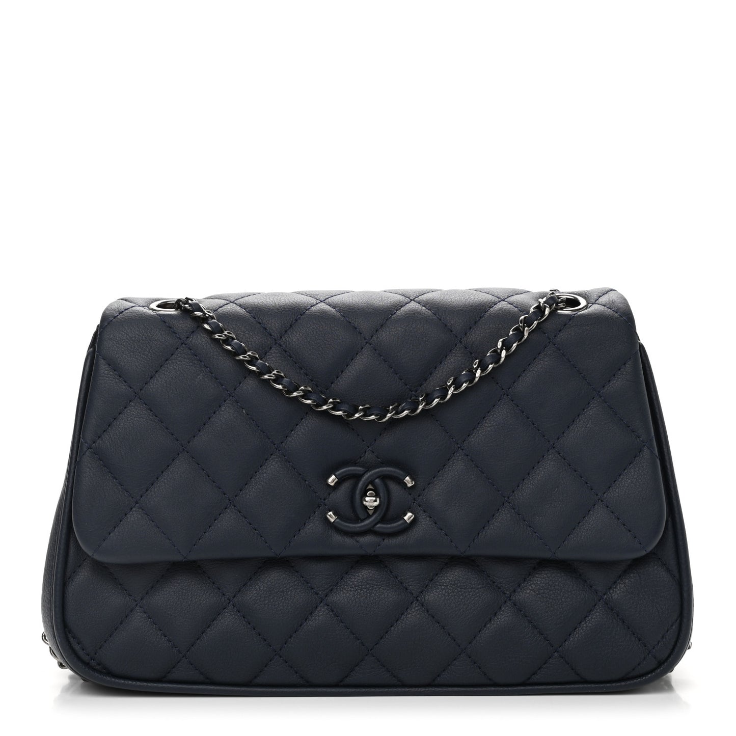 Calfskin Quilted Medium Frame in Chain Flap Navy