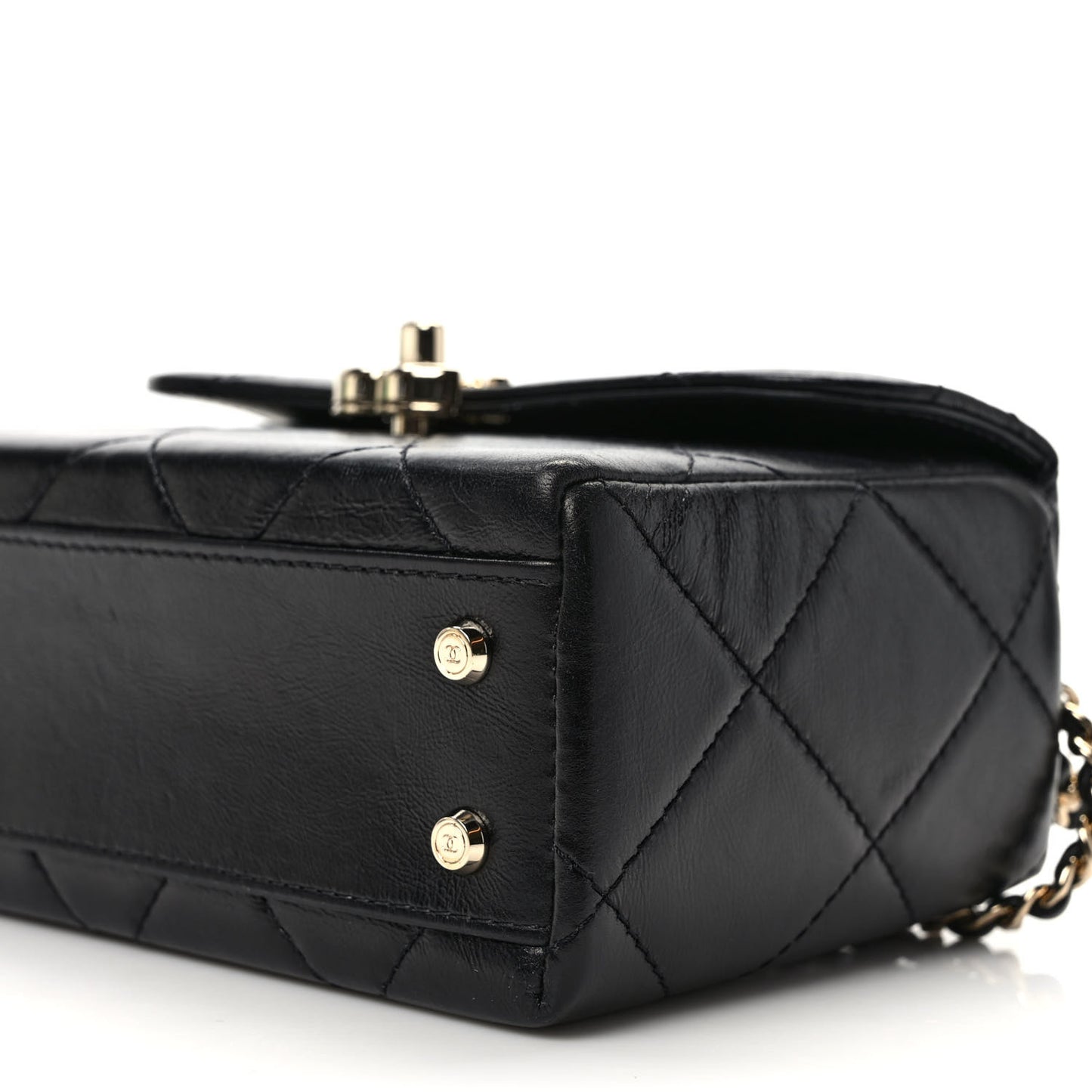 Shiny Calfskin Quilted Small CC Top Handle Box Bag Black